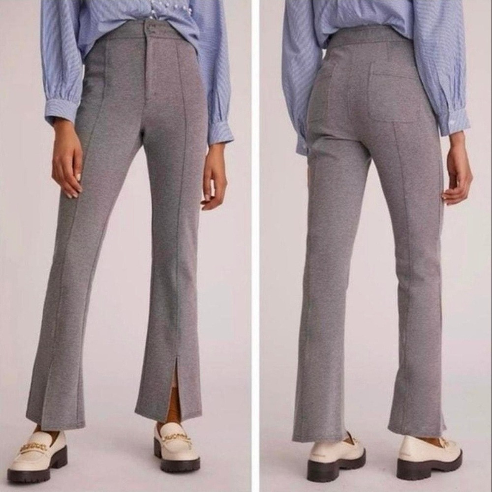 Maeve Anthropologie Grey Knit Front Slit Flare Pants Size 6 High Rise Seamed